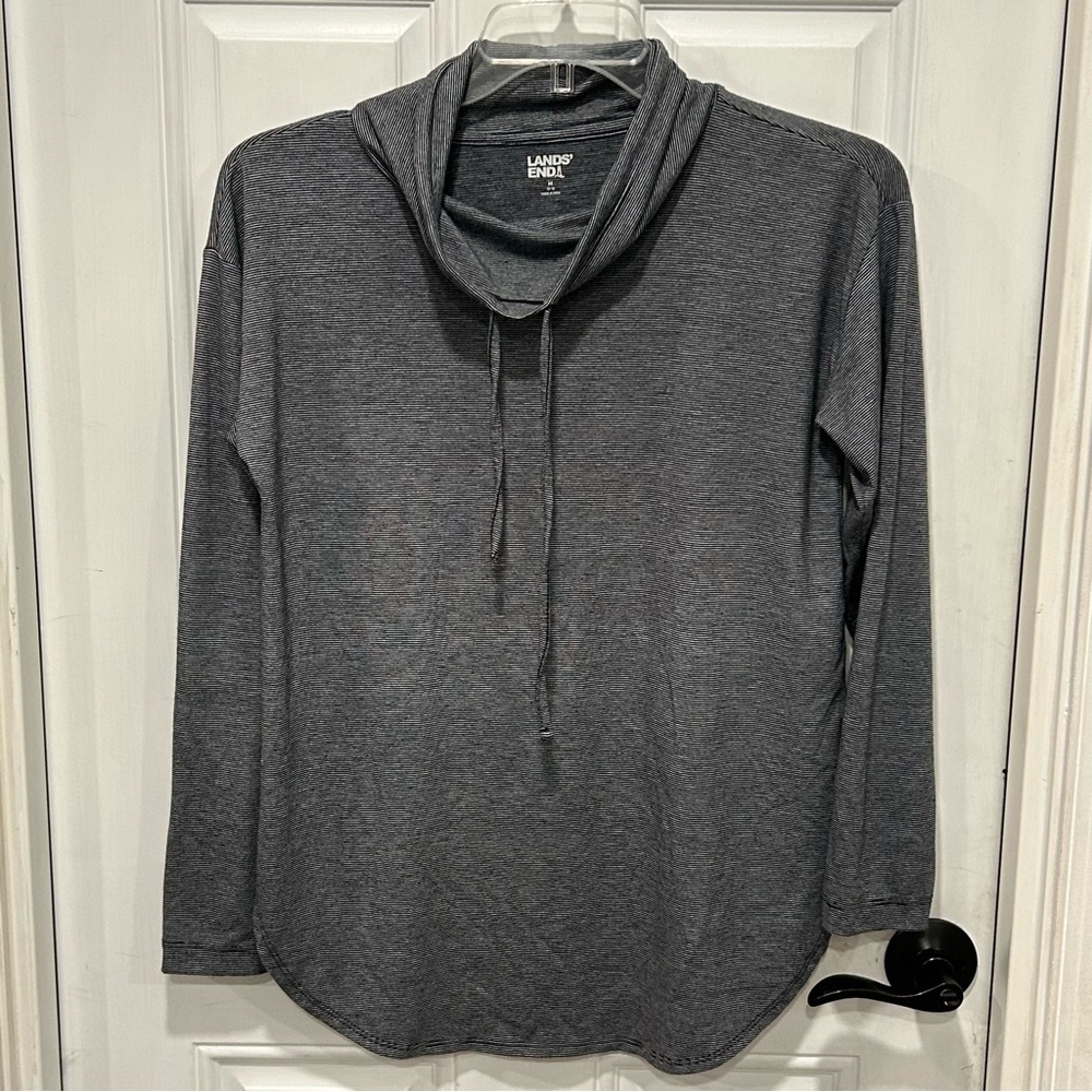 Lands' End Women's Cowl Neck Long Sleeve T-Shirt, Gray Stripe, Size Med (10-12)